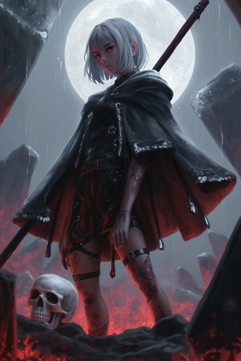 A dark fantasy icon emerges from the shattered ground, surrounded by eerie glow and swirling energy. A lone girl, sporting heterochromia, holds a scythe, her red eyes piercing through the misty graveyard setting. Her short grey hair is adorned with tattoos, while her torn clothes are cinched by a black cloak with a dark hood. Sharp claws extend from her extra arms, as she gazes directly at the viewer. A skull and bones lie at her feet, amidst floating rocks and debris. In the distance, full moon casts an ethereal aura, while skeletal magic swirls around her. Dark fantasy meets gothic atmosphere in this digital painting, with intricate details and dramatic lighting by (Hyung-Tae Kim, Tatsuya Yoshikawa, Kazuma Kaneko).