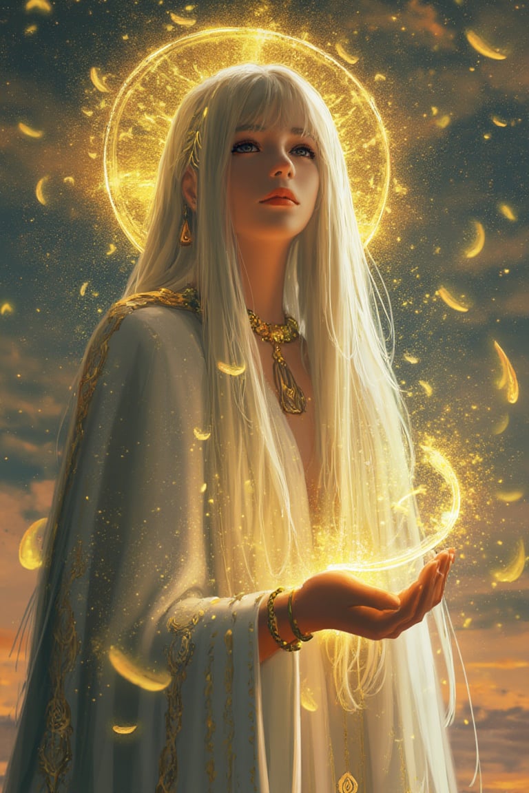 In a dreamlike, trippy atmosphere, an ethereal girl with long white hair, flowing like golden threads, stands as the Arcane Seraphic Harbinger. Celestial feathers shimmering with glowing wings surround her, casting arcane spells amidst a cosmic aura of twinkling stars. Softly gazing, she radiates divine glow from her otherworldly halo and flows in celestial robes adorned with white and gold patterns. Feathers float in the air, glimmering like sparkles, as golden magic emanates from her hands. The background is a radiant, dreamlike sky, heavenly realm, where golden feathers drift, surrounded by vibrant celestial colors and mystical light. Yoshitaka Amano, Klimt, and Alex Grey inspired this surreal masterpiece of cosmic energy swirling with celestial sparks.