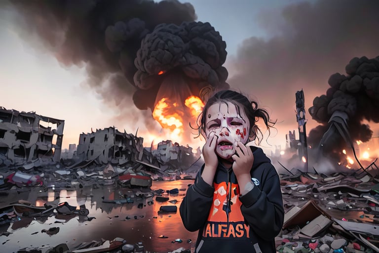 12 year old young girl crying sadly, facing sideways, looking up, tears, bloody face, in the middle of a destroyed city, smoke on buildings, bomb explosions, palestinian flag in the hand, orange aky,