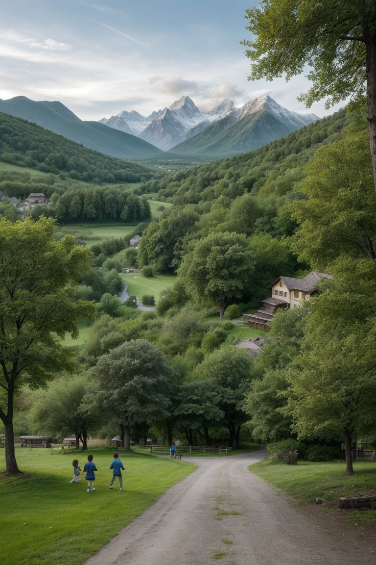 beautiful village, with views of mountains full of dew, cool trees, during the day, children playing,