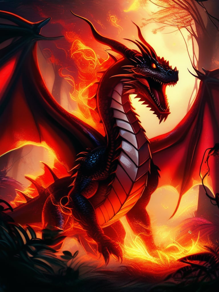 Fantasy, dragon red, roar, amazing, fores, fire, amazing world,