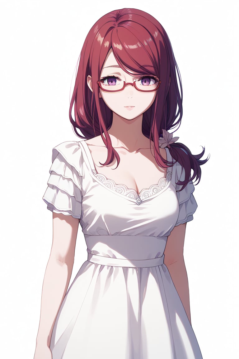 ,  score9_up, score8_up, score7_up, score6_up, slimes_rize, woman, solo, dress, red glasses, 

,(( white background, blank background)),