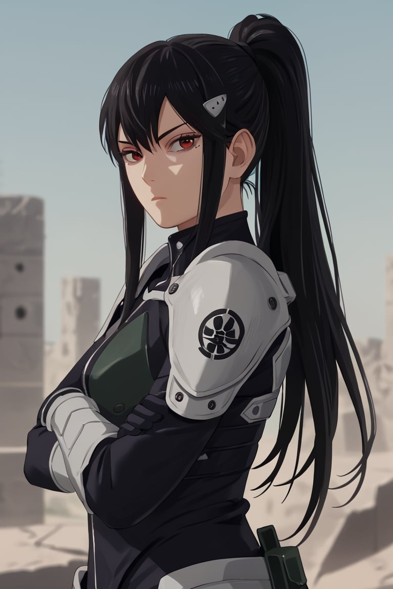 , score_9, score_8_up, score_7_up, score_6_up, score_5_up, score_4_up, source_anime, masterpiece , anime screencap,  absurdres, minaashiro, black hair, ponytail, long hair, hair ornament, mole under eye, mole, red eyes bodysuit, armor, wide_hips upper body, destroyed_city ruins, looking at viewer, expressionless, crossed arms, from side, 