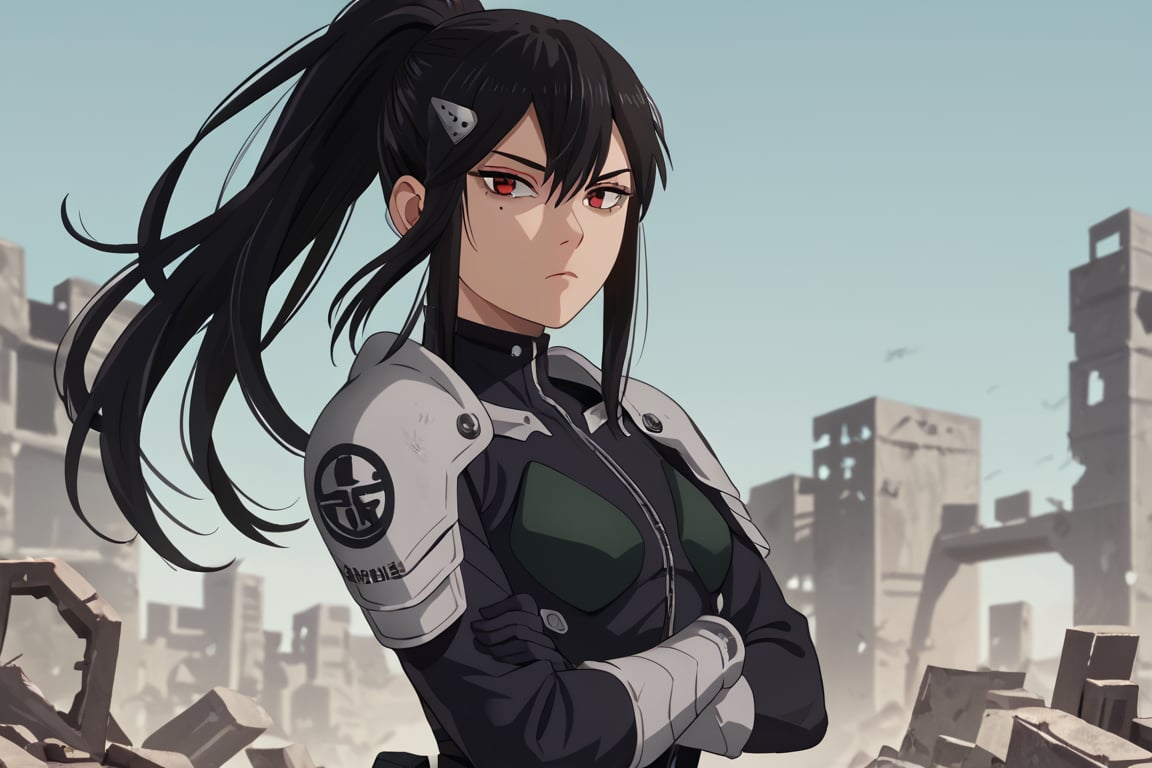 , score_9, score_8_up, score_7_up, score_6_up, score_5_up, score_4_up, source_anime, masterpiece , anime screencap,  absurdres, minaashiro, black hair, ponytail, long hair, hair ornament, mole under eye, mole, red eyes bodysuit, armor, wide_hips upper body, destroyed_city ruins, looking at viewer, expressionless, crossed arms, from side, 