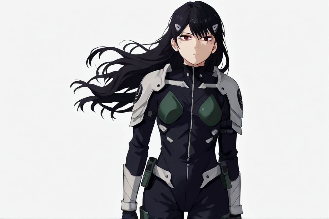 , score_9, score_8_up, score_7_up, score_6_up, score_5_up, score_4_up, source_anime, masterpiece , anime screencap,  absurdres, minaashiro, black hair,  long hair, hair down, mole under eye, mole, red eyes bodysuit, armor, wide_hips  expressionless,  



 ,(( white background, blank background)),