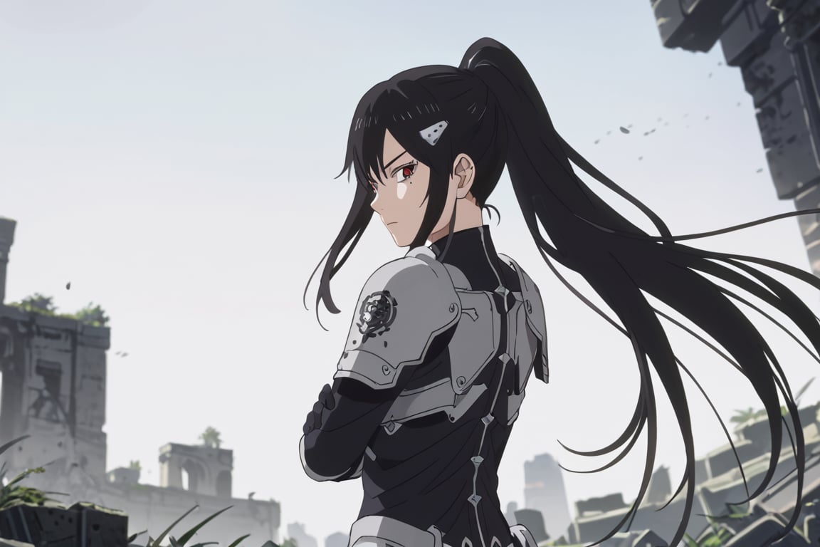 , score_9, score_8_up, score_7_up, score_6_up, score_5_up, score_4_up, source_anime, masterpiece , anime screencap,  absurdres, minaashiro, black hair, ponytail, long hair, hair ornament, mole under eye, mole, red eyes bodysuit, armor, wide_hips upper body, destroyed_city ruins, looking at viewer, expressionless, crossed arms, from side, 