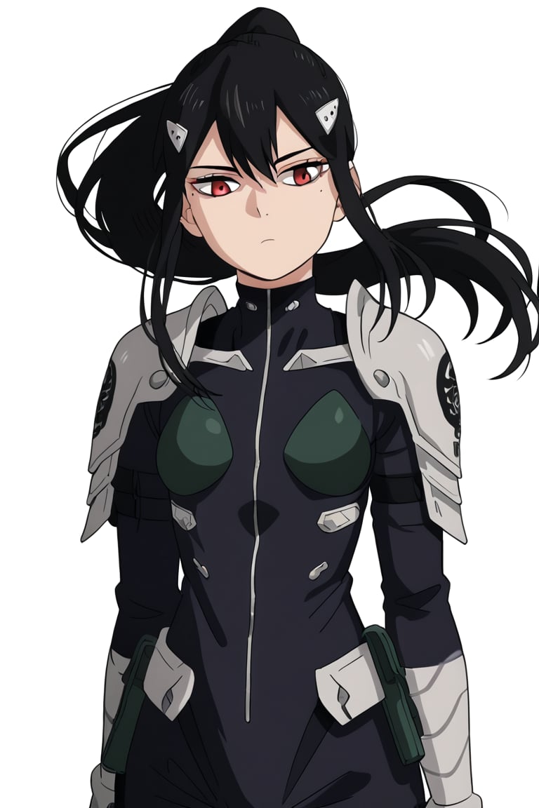 , score_9, score_8_up, score_7_up, score_6_up, score_5_up, score_4_up, source_anime, masterpiece , anime screencap,  absurdres, minaashiro, black hair, ponytail, long hair, hair ornament, mole under eye, mole, red eyes bodysuit, armor, wide_hips  expressionless,  

 ,(( white background, blank background)),