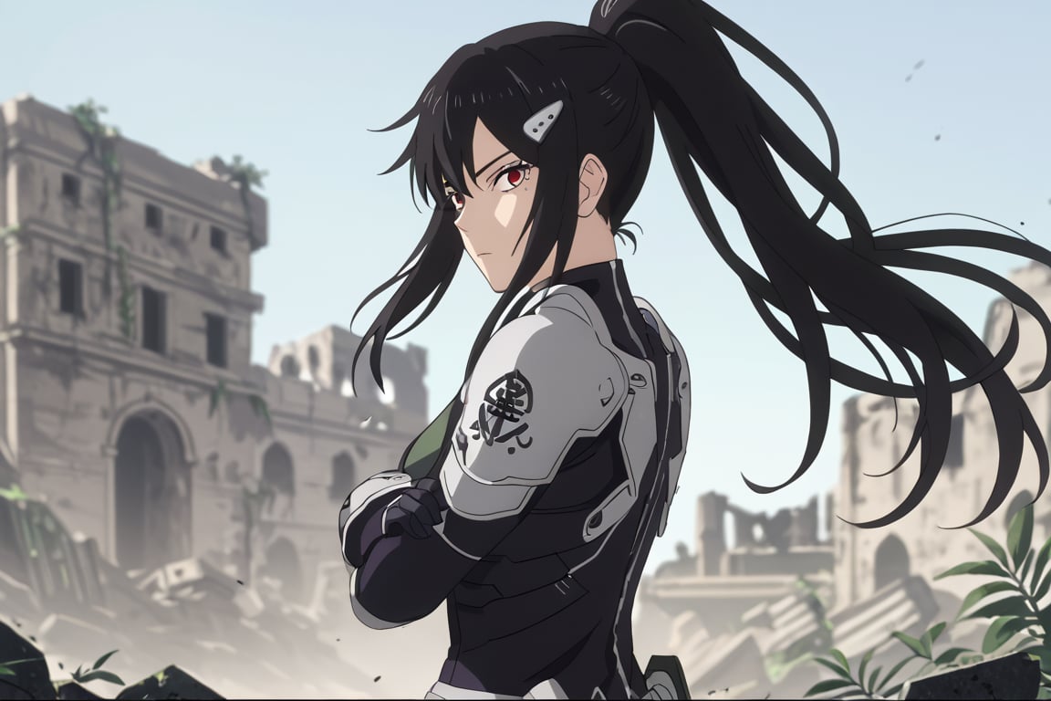 , score_9, score_8_up, score_7_up, score_6_up, score_5_up, score_4_up, source_anime, masterpiece , anime screencap,  absurdres, minaashiro, black hair, ponytail, long hair, hair ornament, mole under eye, mole, red eyes bodysuit, armor, wide_hips upper body, destroyed_city ruins, looking at viewer, expressionless, crossed arms, from side, 