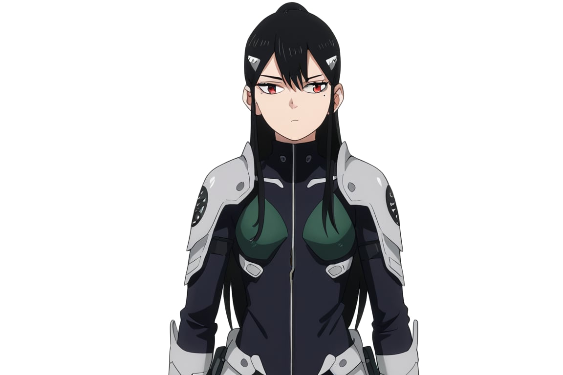 , score_9, score_8_up, score_7_up, score_6_up, score_5_up, score_4_up, source_anime, masterpiece , anime screencap,  absurdres, minaashiro, black hair,  long hair, hair down, mole under eye, mole, red eyes bodysuit, armor, wide_hips  expressionless,  



 ,(( white background, blank background)),