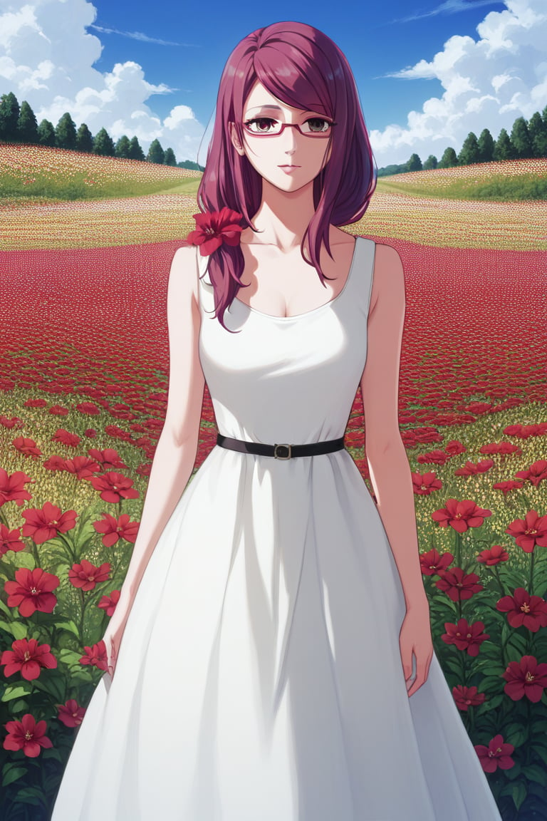 ,  score9_up, score8_up, score7_up, score6_up, slimes_rize, woman, solo, dress, red glasses, red flower field background