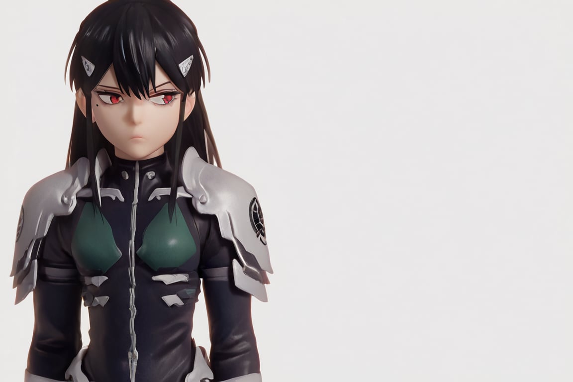 , score_9, score_8_up, score_7_up, score_6_up, score_5_up, score_4_up, source_anime, masterpiece , anime screencap,  absurdres, minaashiro, black hair,  long hair, hair down, mole under eye, mole, red eyes bodysuit, armor, wide_hips  expressionless,  



 ,(( white background, blank background)),