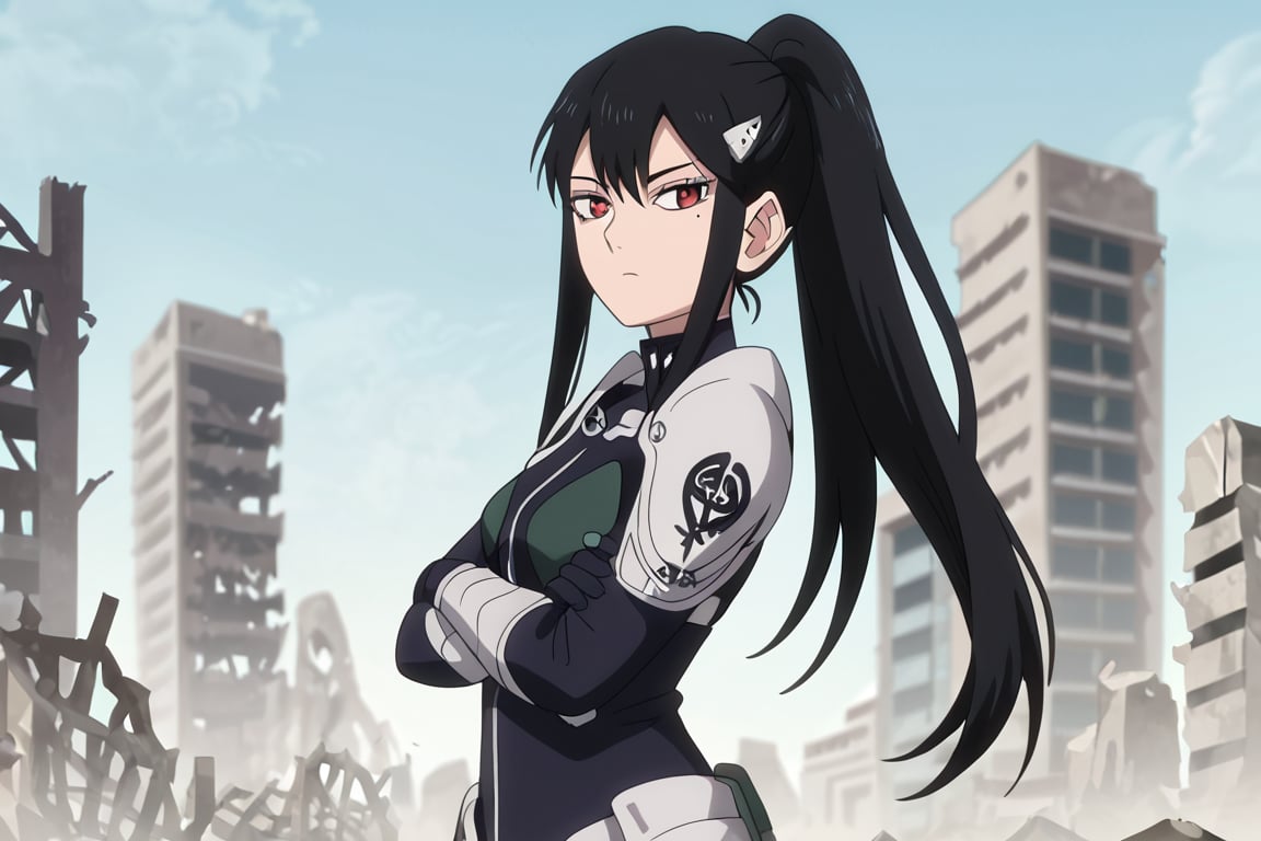 , score_9, score_8_up, score_7_up, score_6_up, score_5_up, score_4_up, source_anime, masterpiece , anime screencap,  absurdres, minaashiro, black hair, ponytail, long hair, hair ornament, mole under eye, mole, red eyes bodysuit, armor, wide_hips upper body, destroyed_city ruins, looking at viewer, expressionless, crossed arms, from side, 