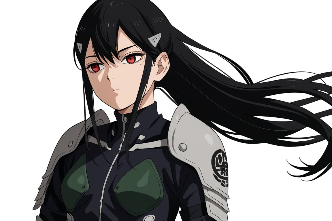 , score_9, score_8_up, score_7_up, score_6_up, score_5_up, score_4_up, source_anime, masterpiece , anime screencap,  absurdres, minaashiro, black hair,  long hair, hair down, mole under eye, mole, red eyes bodysuit, armor, wide_hips  expressionless,  



 ,(( white background, blank background)),