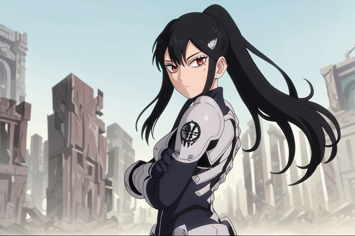 , score_9, score_8_up, score_7_up, score_6_up, score_5_up, score_4_up, source_anime, masterpiece , anime screencap,  absurdres, minaashiro, black hair, ponytail, long hair, hair ornament, mole under eye, mole, red eyes bodysuit, armor, wide_hips upper body, destroyed_city ruins, looking at viewer, expressionless, crossed arms, from side, 