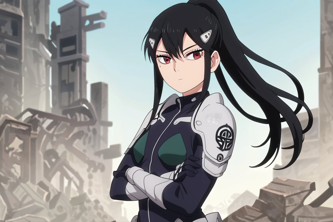 , score_9, score_8_up, score_7_up, score_6_up, score_5_up, score_4_up, source_anime, masterpiece , anime screencap,  absurdres, minaashiro, black hair, ponytail, long hair, hair ornament, mole under eye, mole, red eyes bodysuit, armor, wide_hips upper body, destroyed_city ruins, looking at viewer, expressionless, crossed arms, from side, 