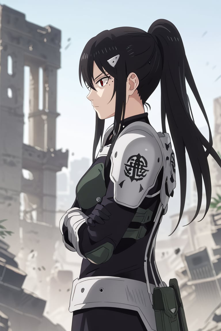 , score_9, score_8_up, score_7_up, score_6_up, score_5_up, score_4_up, source_anime, masterpiece , anime screencap,  absurdres, minaashiro, black hair, ponytail, long hair, hair ornament, mole under eye, mole, red eyes bodysuit, armor, wide_hips upper body, destroyed_city ruins, looking at viewer, expressionless, crossed arms, from side, 