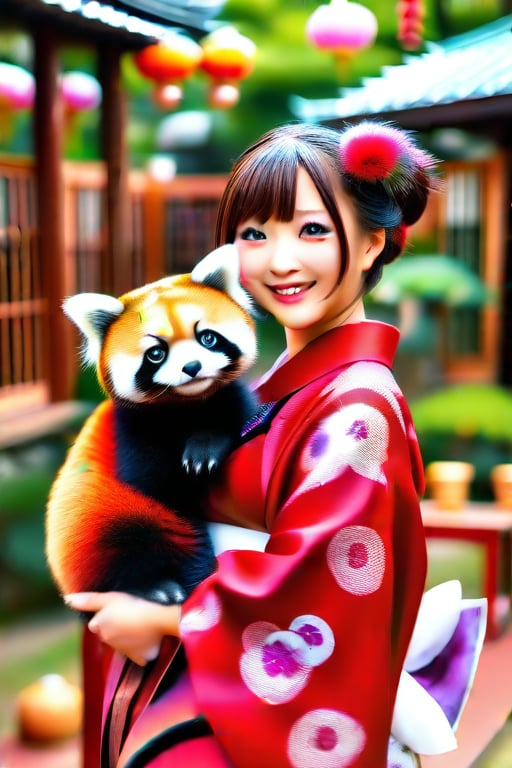 1girl,medium_breasts,hourglass_figure,traditional_japanese_clothes,holding redpanda, red_panda,smiling, looking_at_viewer, realistic , 4K, photoshop (medium), fancy backyard, chromatic_background