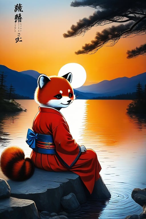 Traditional_japanese_clothes, traditional_artwork,wearing_redpanda_ears,watching,the sunset,sitting_down,on a rock near a lake