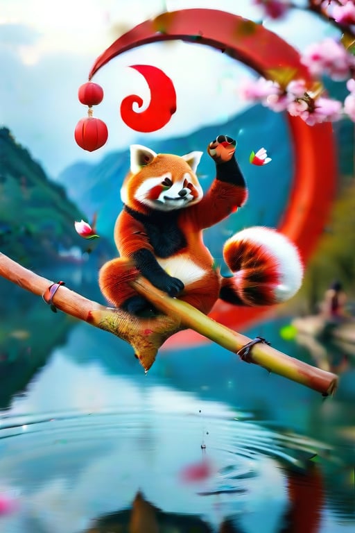 A breathtaking 4K cosplay masterpiece! A sole female cosplayer, dressed as a majestic red panda, strikes a pose while balancing precariously on a slender bamboo stalk suspended over the serene surface of a lake. The surrounding landscape is ablaze with vibrant cherry blossoms, their petals flowing wildly in the gentle breeze. In the background, a yin-yang symbol is projected, adding an air of mysticism to the scene.