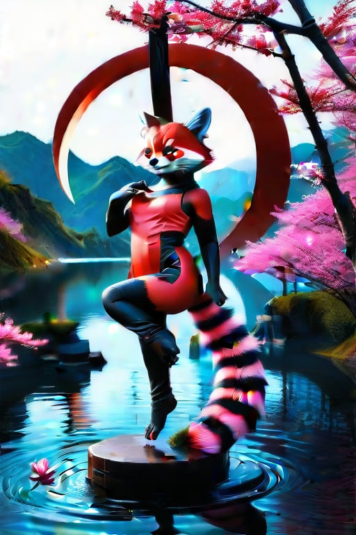 A breathtaking 4K cosplay masterpiece! A sole female cosplayer, dressed as a majestic red panda, strikes a pose while balancing precariously on a slender bamboo stalk suspended over the serene surface of a lake. The surrounding landscape is ablaze with vibrant cherry blossoms, their petals flowing wildly in the gentle breeze. In the background, a yin-yang symbol is projected, adding an air of mysticism to the scene.