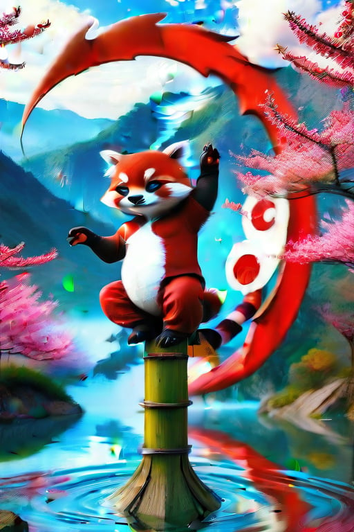 A breathtaking 4K cosplay masterpiece! A sole female cosplayer, dressed as a majestic red panda, strikes a pose while balancing precariously on a slender bamboo stalk suspended over the serene surface of a lake. The surrounding landscape is ablaze with vibrant cherry blossoms, their petals flowing wildly in the gentle breeze. In the background, a yin-yang symbol is projected, adding an air of mysticism to the scene.