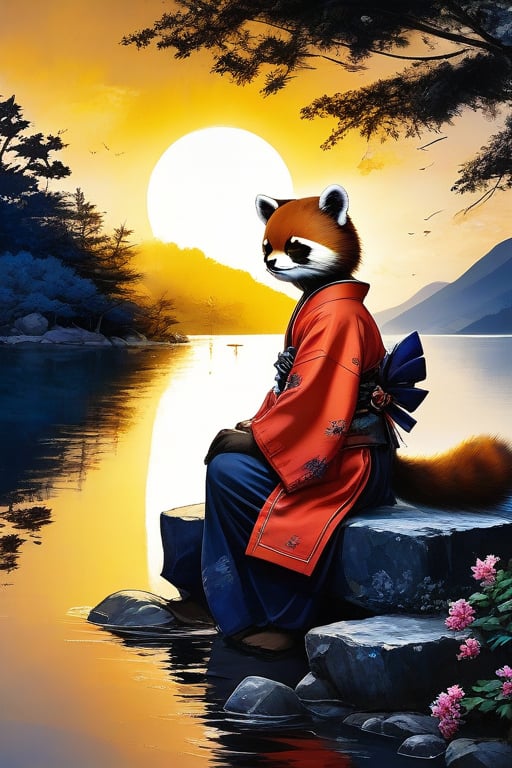 Traditional_japanese_clothes, traditional_artwork,wearing_redpanda_ears,watching,the sunset,sitting_down,on a rock near a lake