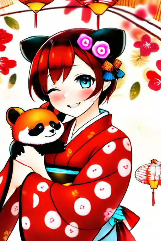 1girl,medium_breasts,hourglass_figure,traditional_japanese_clothes,holding redpanda, red_panda,smiling, looking_at_viewer 