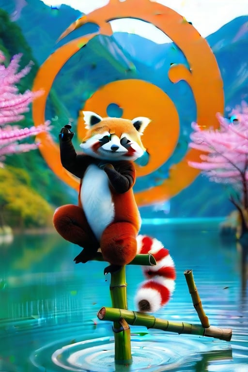 A breathtaking 4K cosplay masterpiece! A sole female cosplayer, dressed as a majestic red panda, strikes a pose while balancing precariously on a slender bamboo stalk suspended over the serene surface of a lake. The surrounding landscape is ablaze with vibrant cherry blossoms, their petals flowing wildly in the gentle breeze. In the background, a yin-yang symbol is projected, adding an air of mysticism to the scene.