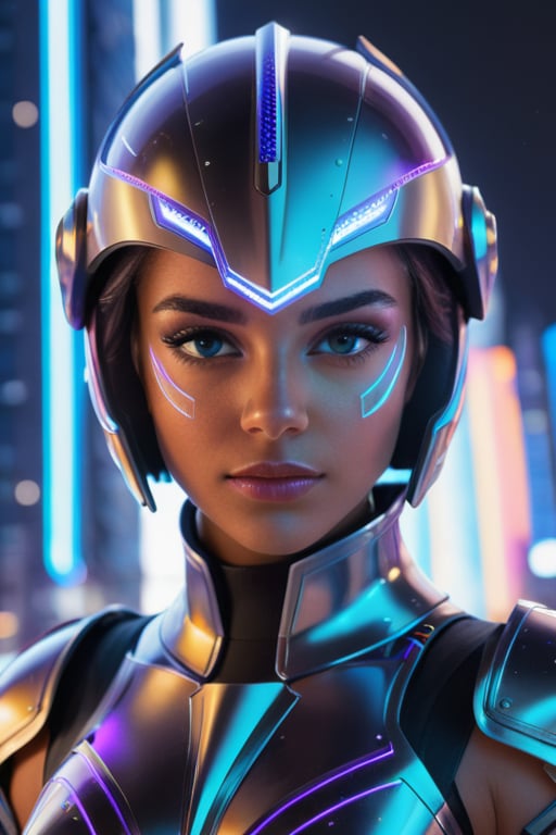 A photorealistic portrait of a royal knight girl in futuristic armor, with sleek, metallic surfaces that reflect a neon-lit cityscape. The armor is intricately detailed with holographic emblems and glowing circuits, giving it a high-tech, regal appearance. The knight’s face is partially covered by a transparent, visor-like helmet, revealing sharp, noble features and piercing eyes. The background is a bustling futuristic city with towering skyscrapers and flying vehicles, bathed in cool blue and purple hues.