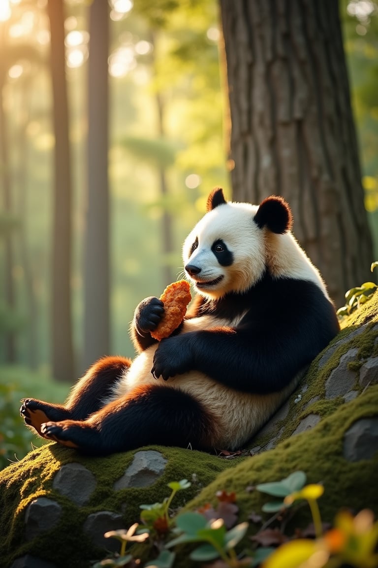 Gigantic panda lounges serenely amidst sun-kissed woods, nestled on moss-covered rock outcropping. Tall trees tower above, their leafy canopies filtering dappled sunlight onto forest floor. Soft focus captures gentle lighting, warm hues accentuating tender moment as panda savoring crispy fried chicken, paw grasping savory morsel.