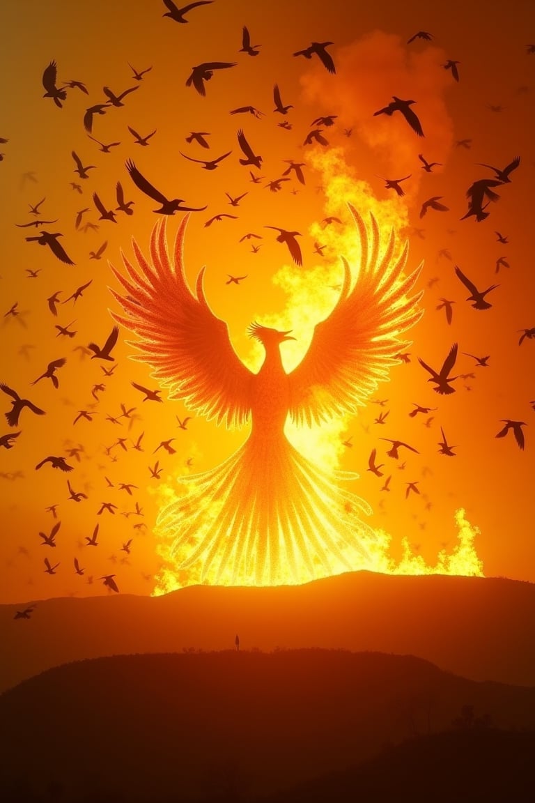 A majestic shot captures thousands of birds in mid-air, converging towards the fiery silhouette of the mythical phoenix. The camera's perspective is from a low angle, emphasizing the sheer scale of the avian flock as they approach the blazing inferno. Soft golden light dances across the flames, casting warm tones on the surrounding landscape. The phoenix itself remains shrouded in its radiant aura, its outline visible against the intense heat and light. The birds, undeterred by the fiery barrier, appear to be drawn to some unseen force, their forms blurred as they merge with the inferno.