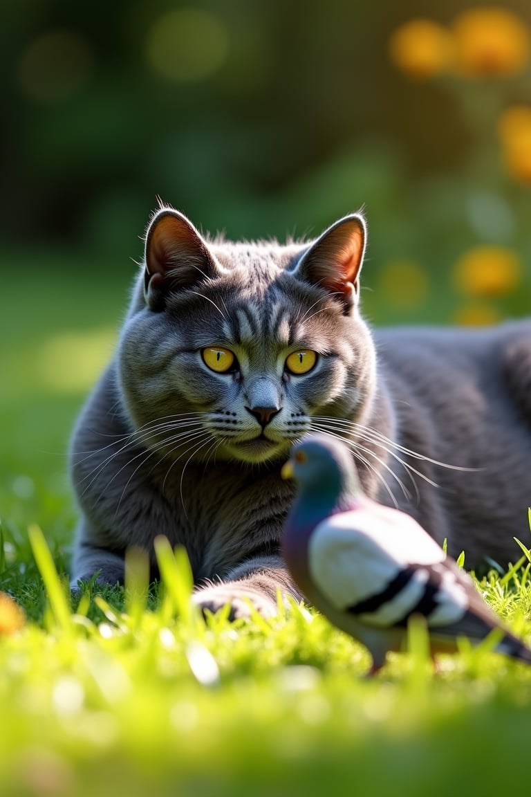 A majestic blue British Shorthair cat, fur glistening in warm sunlight, lies camouflaged in lush green grass of park. Whiskers twitching, eyes fixed intently on unsuspecting pigeon foraging nearby, paws poised and ready to strike. Framed by vibrant flora, dappled shadows cast an intimate atmosphere, capturing the stealthy moment as cat prepares to pounce.