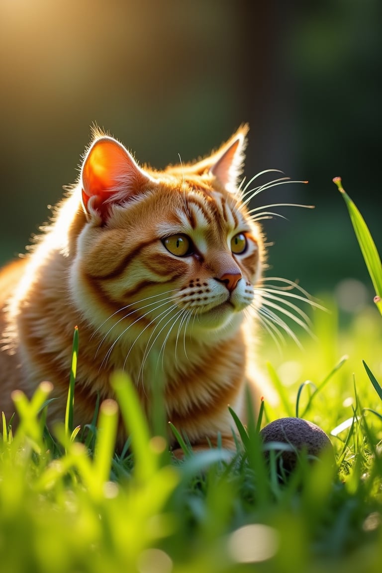 Sun-kissed British Shorthair cat camouflaged in lush green park grass, fur glistening warm sunlight. Whiskers twitching, eyes fixed intently on unsuspecting pigeon foraging nearby, paws poised strike. Vibrant flora surrounds, dappled shadows casting intimate atmosphere. Capture majestic feline form, subtle hunting tension and serene natural setting.