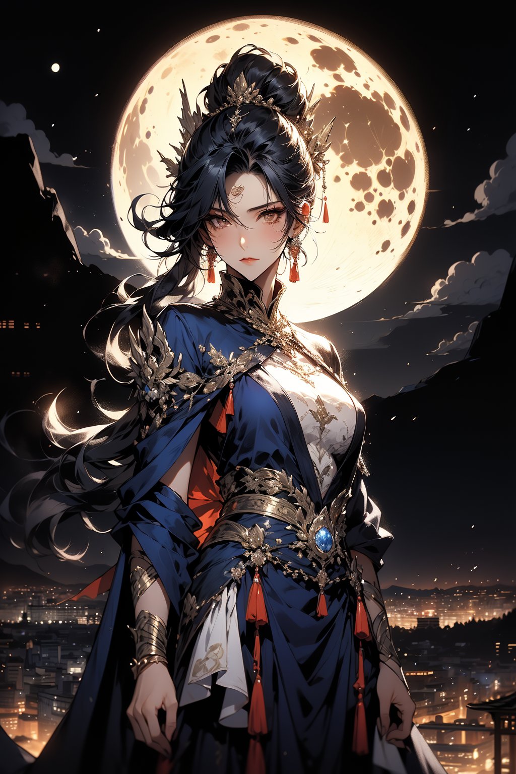 A serene moonlit tableau: Liu Ruoshuang stands statuesque on the hillside, her piercing gaze challenges the night's darkness as silver moonlight casts an ethereal glow on her resolute face. Hands clasped in a gentle yet determined grasp, her features are softly illuminated by the lunar beam, set against the dramatic silhouette of the hill.