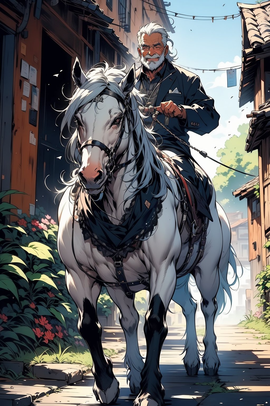 A serene scene unfolds as an elderly man, beaming with joy, walks slowly down a narrow alleyway, his hands gently holding the reins of a gentle mule. He strides purposefully, eyes fixed on the horizon, a warm smile spreading across his face. The camera captures this heartwarming moment from a distance, framing the old man's approach towards a couple - a man and a woman - awaiting him with open arms.