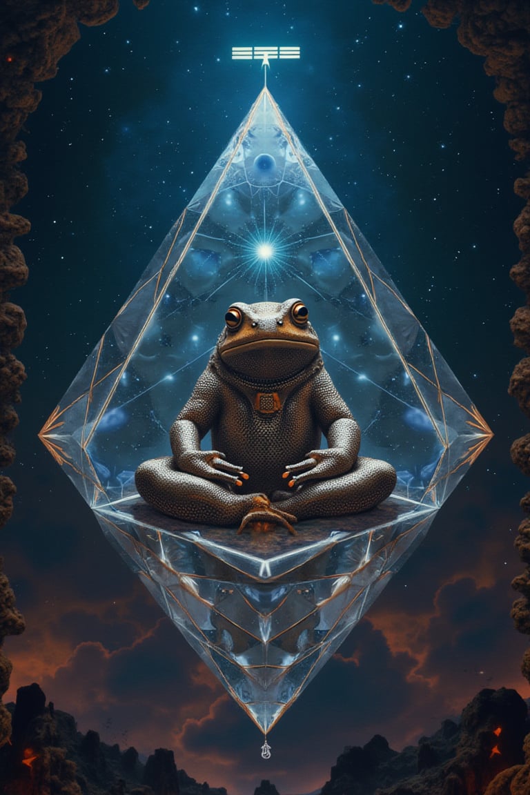 A diamond toad with a Taoist monk's serene expression meditates within a tesseract hypercube, surrounded by a fractal landscape in a three-point perspective. The hypercube's reflective surfaces create a mirrored effect, enhancing the intricate geometry. The toad's face morphs into a Mayan mantis jellyfish, blending ancient and futuristic elements. The scene is bathed in Astrachrome lighting, casting a surreal glow that highlights the intricate details. The composition is centered, with the toad's meditation pose and the hypercube's symmetry creating a balanced, contemplative atmosphere.