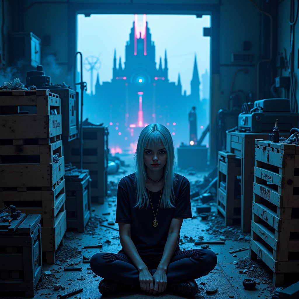 A haunting portrait: A young woman with snowy locks framing her forehead sits pensively amidst the dimly lit workshop's wooden crates and scattered tools. Soft wisps of smoke from ink-stained pens swirl around her, blending with her white hair. In the distant background, an indigo temple rises majestically from a futuristic cityscape amidst extraterrestrial trash, casting an otherworldly glow. The atmosphere is heavy with mystique and foreboding, as if magic lingers in every corner, waiting to be unleashed.