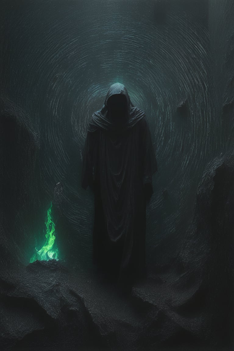 Extreme full body portrait of a Infernal Grim reaper, complex construction, Abstract background with chaotic intersected relief circles pattern over old black stones texture, 12K, HD, hyper detailed in burning hell, (piercing green flame eyes)+, vibrant colors, masterpiece, 12K, UHD, upperbody portrait, depth of field, 12K, HD, ultra high definition,