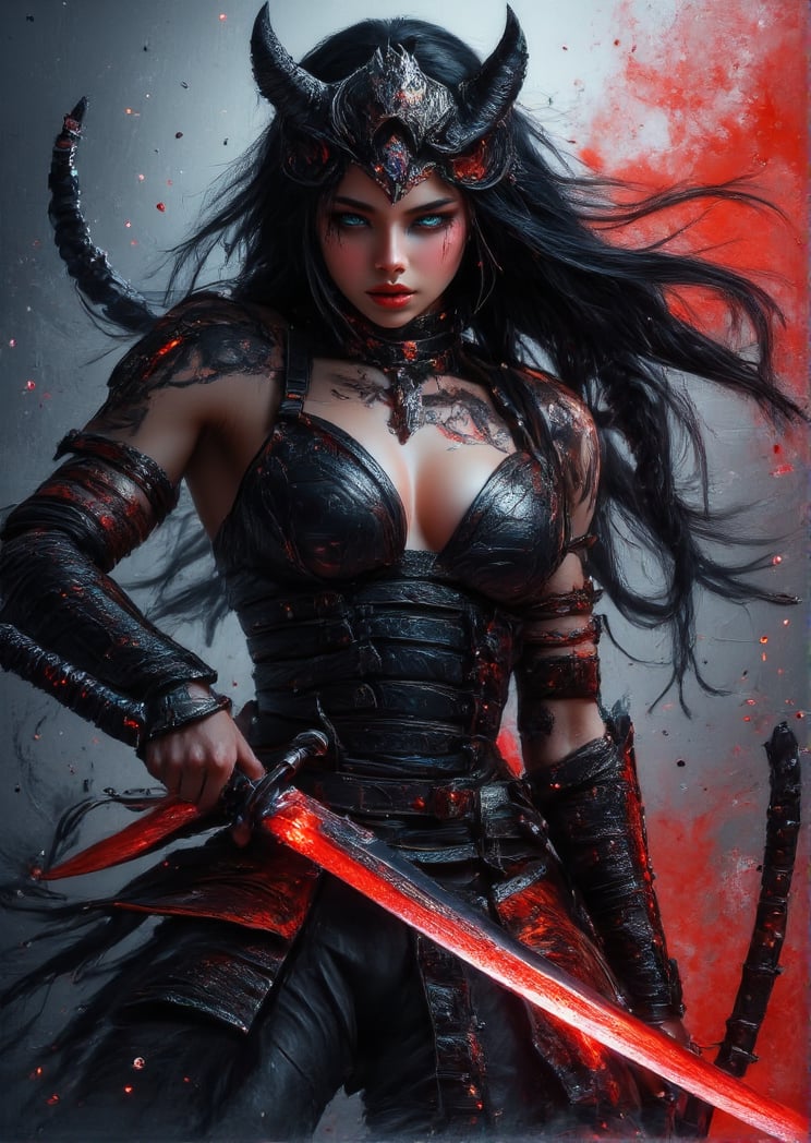 "(Masterpiece, high quality, 8K, high_res), abstract illustration, sketchbook style, ultra detailed, let's create a full body with depth of a beautiful shadow fighter girl with piercing blue eyes, her long, flowing black hair streaked with subtle red highlights. She wields a glowing, sharp red sword in one hand, casting a faint glow on her sleek and toned body. Her dark armor clings to her figure, intricate with shadowy designs, black and silver in color, with shadowy tendrils subtly wrapping around her. She wears no helmet, revealing her fierce yet beautiful face, her expression calm yet deadly. Her arms and legs are covered with delicate black tattoos, like dark smoke that moves along her skin. She stands in a strong, battle-ready pose, her red sword glowing ominously. The background is abstract, painted in swirling shades of deep black, crimson, and blue. This is a true artwork, inspired by samurai aesthetics and Artgerm’s style, with hints of Leonardo da Vinci’s dynamic figure drawing. A full-body view of this shadowy warrior, set in a painting with abstract elements swirling behind her."