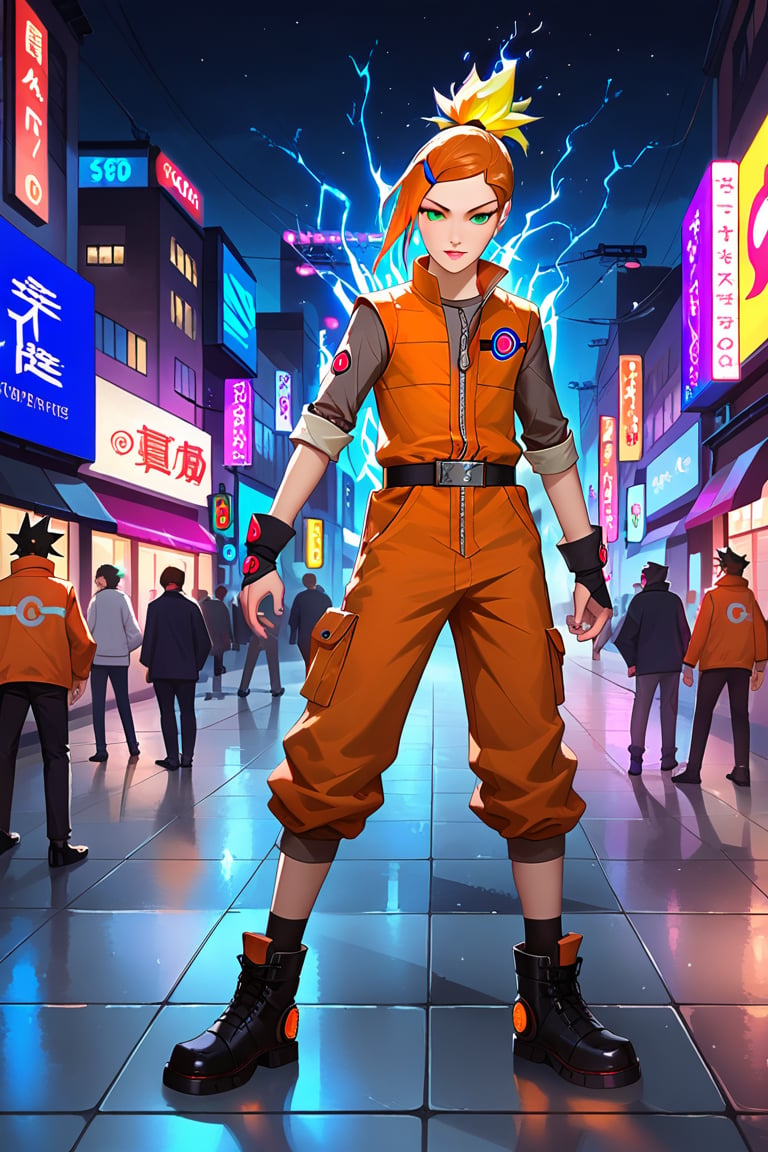 Naruto Uzumaki, donning his iconic orange jumpsuit and fiery blonde hairdo, stands proudly beside Ben 10, who has transformed into Four Arms. Both characters pose confidently, their bodies angled in a dynamic composition that emphasizes their contrasting styles. Naruto's intense gaze is matched by Ben's determined expression. The background features a blurred cityscape with vibrant neon lights, while the foreground highlights the two heroes' bold stances and striking physiques. The warm glow of sunset hues illuminates the scene, casting long shadows across the pavement.