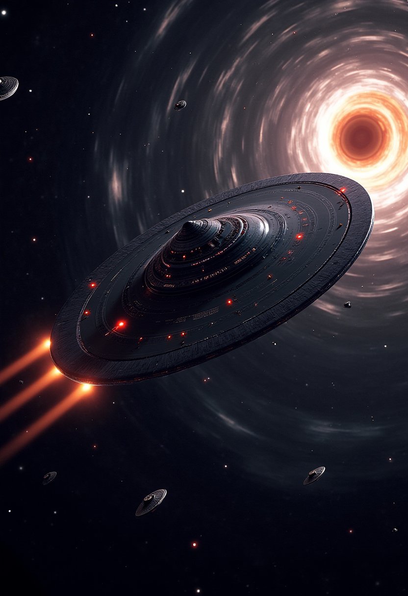 ultrarealistic ufo starship fleet flying in realistic black hole vortex8k resolution,sharp focus, a big xeagonal ship