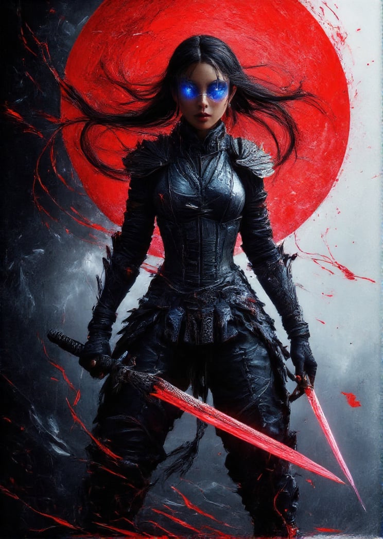 "(Masterpiece, high quality, 8K, high_res), abstract illustration, sketchbook style, ultra detailed, let's create a full body with depth of a beautiful shadow fighter girl with piercing blue eyes, her long, flowing black hair streaked with subtle red highlights. She wields a glowing, sharp red sword in one hand, casting a faint glow on her sleek and toned body. Her dark armor clings to her figure, intricate with shadowy designs, black and silver in color, with shadowy tendrils subtly wrapping around her. She wears no helmet, revealing her fierce yet beautiful face, her expression calm yet deadly. Her arms and legs are covered with delicate black tattoos, like dark smoke that moves along her skin. She stands in a strong, battle-ready pose, her red sword glowing ominously. The background is abstract, painted in swirling shades of deep black, crimson, and blue. This is a true artwork, inspired by samurai aesthetics and Artgerm’s style, with hints of Leonardo da Vinci’s dynamic figure drawing. A full-body view of this shadowy warrior, set in a painting with abstract elements swirling behind her."