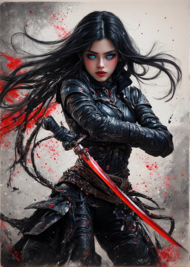 "(Masterpiece, high quality, 8K, high_res), abstract illustration, sketchbook style, ultra detailed, let's create a full body with depth of a beautiful shadow fighter girl with piercing blue eyes, her long, flowing black hair streaked with subtle red highlights. She wields a glowing, sharp red sword in one hand, casting a faint glow on her sleek and toned body. Her dark armor clings to her figure, intricate with shadowy designs, black and silver in color, with shadowy tendrils subtly wrapping around her. She wears no helmet, revealing her fierce yet beautiful face, her expression calm yet deadly. Her arms and legs are covered with delicate black tattoos, like dark smoke that moves along her skin. She stands in a strong, battle-ready pose, her red sword glowing ominously. The background is abstract, painted in swirling shades of deep black, crimson, and blue. This is a true artwork, inspired by samurai aesthetics and Artgerm’s style, with hints of Leonardo da Vinci’s dynamic figure drawing. A full-body view of this shadowy warrior, set in a painting with abstract elements swirling behind her."