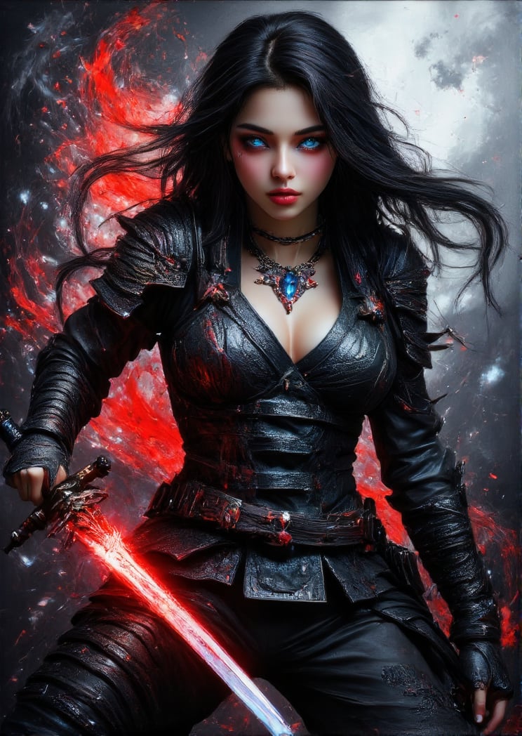 "(Masterpiece, high quality, 8K, high_res), abstract illustration, sketchbook style, ultra detailed, let's create a full body with depth of a beautiful shadow fighter girl with piercing blue eyes, her long, flowing black hair streaked with subtle red highlights. She wields a glowing, sharp red sword in one hand, casting a faint glow on her sleek and toned body. Her dark armor clings to her figure, intricate with shadowy designs, black and silver in color, with shadowy tendrils subtly wrapping around her. She wears no helmet, revealing her fierce yet beautiful face, her expression calm yet deadly. Her arms and legs are covered with delicate black tattoos, like dark smoke that moves along her skin. She stands in a strong, battle-ready pose, her red sword glowing ominously. The background is abstract, painted in swirling shades of deep black, crimson, and blue. This is a true artwork, inspired by samurai aesthetics and Artgerm’s style, with hints of Leonardo da Vinci’s dynamic figure drawing. A full-body view of this shadowy warrior, set in a painting with abstract elements swirling behind her."