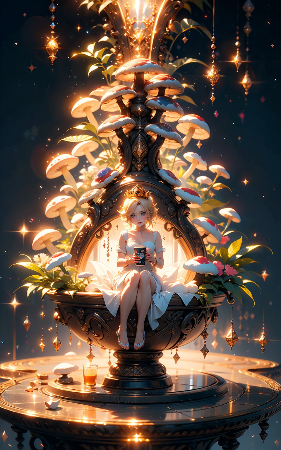 Highly detailed, high quality, Masterpiece, beautiful, (medium long shot), 1girl Rosalina from Super Mario, solo, drinking coffee in a cup with mushroom form, sitting in her bed, background: blur salon, a lot of muscle and bigger chest, cute super skinny light transparent dress, shinny skin, muscular,rating_explicit,score_8_up,score_7_up,score_9,more detail XL