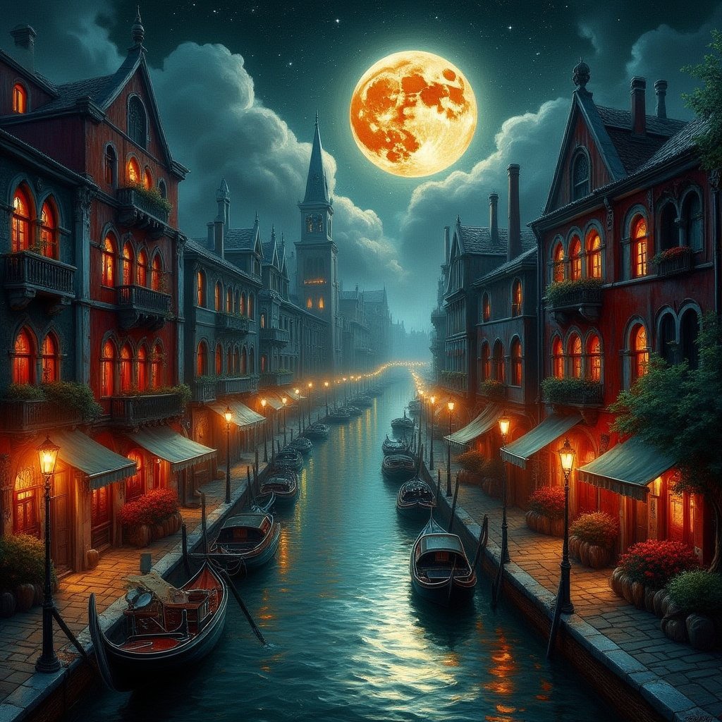 Highly detailed and monochrome painting of a fantastical cityscape old time Venice at night :: The buildings on either side of the canal, bright illuminated red windows :: bright street lamps :: whimsical bright stars :: enormous golden full moon, bright vibrant golden hue :: The water in the canal reflects the warm lights from the street lamps and buildings by David Mack, Endre Penovác, Dean Crouser, Loui Jover, Stylized watercolor art, High contrast, silhouette art, detailed matte painting, deep color, fantastical, intricate detail, splash screen, complementary colors, fantasy concept art, 8k