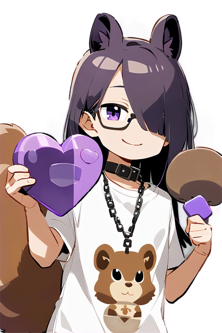 boy, hold, holding purple heart, squirrel ears, squirrel tail, dark purple hair, cartoon tshirt, white tshirt, square glasses, glasses, black necklace, medium long hair, collar, collar with chain, hair covering one eye, looking at the camera, little smile