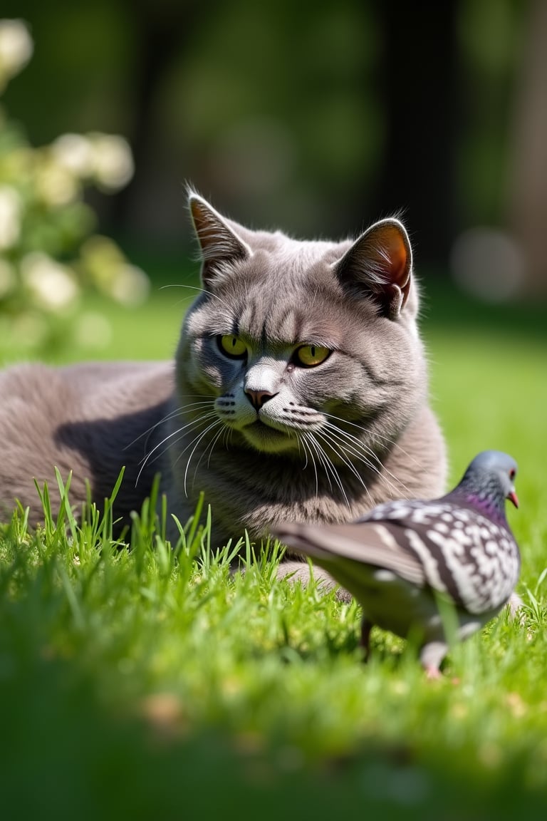 A majestic blue British Shorthair cat, fur glistening in warm sunlight, lies camouflaged in lush green grass of the park, whiskers twitching, eyes fixed intently on unsuspecting pigeon foraging nearby, paws poised and ready to strike amidst vibrant flora, dappled shadows casting intimate atmosphere.