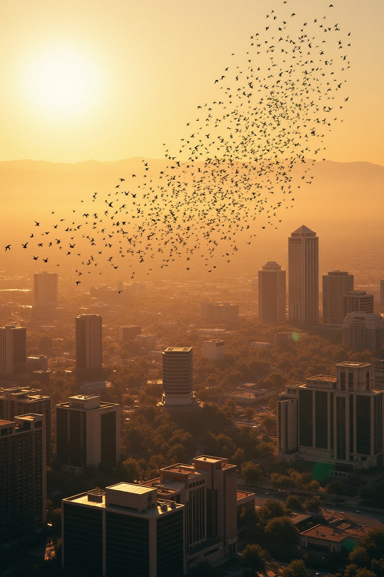 Vast flock of birds in varied plumage descends upon the majestic cityscape of Phoenix, Arizona. Sun-kissed buildings and lush greenery provide a vibrant backdrop as the birds, some with outstretched wings, others in mid-air formation, converge on the metropolis. Golden light casts long shadows amidst the urban landscape.