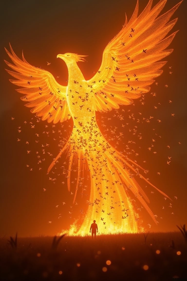 A majestic shot captures the awe-inspiring moment as a flock of thousands of birds soar towards the mystical Phoenix, shrouded in an aura of fiery flames. The viewer's gaze is drawn to the silhouette of the Phoenix's shape, partially obscured by the radiant inferno, its true form hidden from view. Against a backdrop of darkened skies, the intense warmth and light of the flames illuminate the surrounding landscape, as the birds' wings beat fiercely in unison, their formation a mesmerizing blur of feathers and motion.